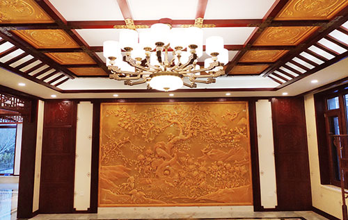 贵定中式别墅客厅中式木作横梁吊顶装饰展示
